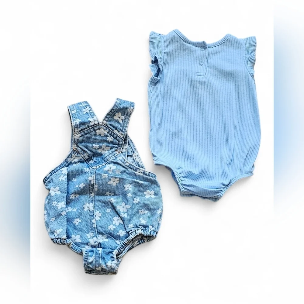 Old Navy Baby Girl Floral Denim Overall Set with Matching Blue Onesie Size 0–3